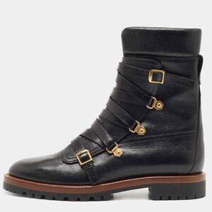 Black Combat Moto Boots with Straps and Side Zipper